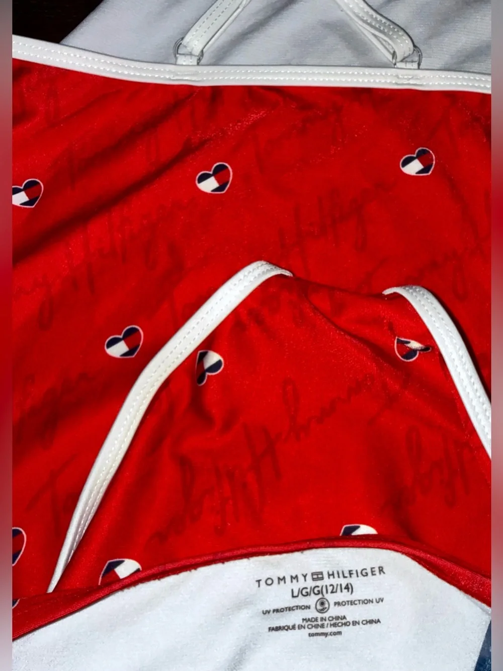 Tommy Hilfiger Girls Tankini Swimsuit Red Logo Heart Print Size L 12-14 UV NWOT